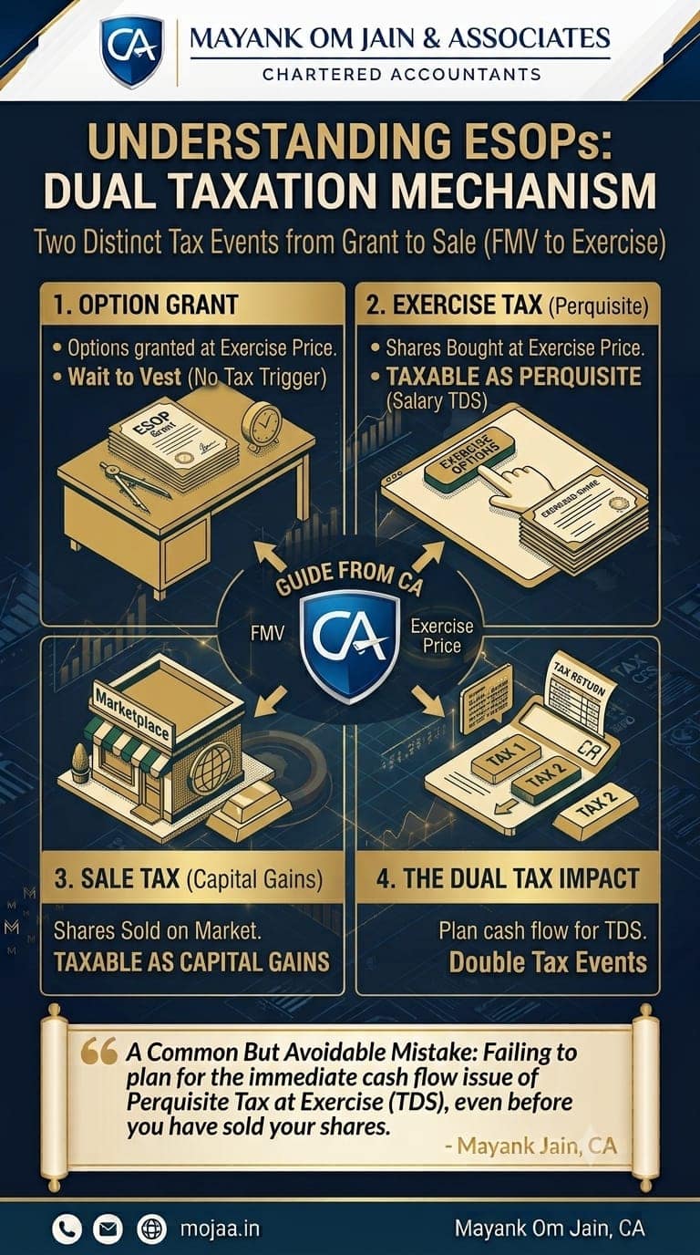 Timeline of ESOP taxation from grant to exercise to sale, showing perquisite tax and capital gains tax