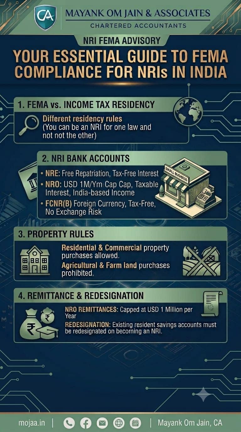 Diagram showing an NRI connected to bank accounts, property, and remittance routes governed by FEMA